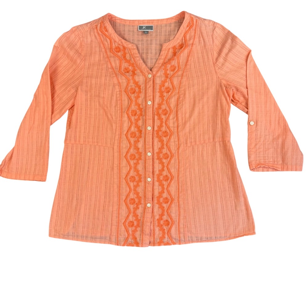 JM Collection Blouse Womens L Coral Embroidered Cotton Roll Tab Sleeve Boho
